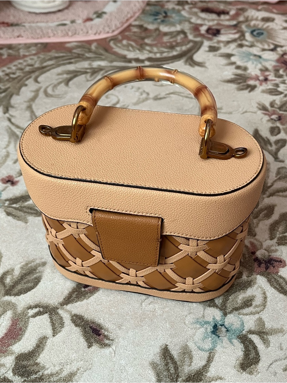 Charles & Keith Peach and Tan Woven Mini Top-Handle Bag